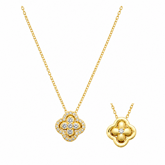 Convertible Four-Leaf Clover Brass Necklace for Women – Gold-Plated Lucky Crystal Pendant, Dainty Choker with Adjustable Link Chain, Valentine's Day Jewelry Gift for Her