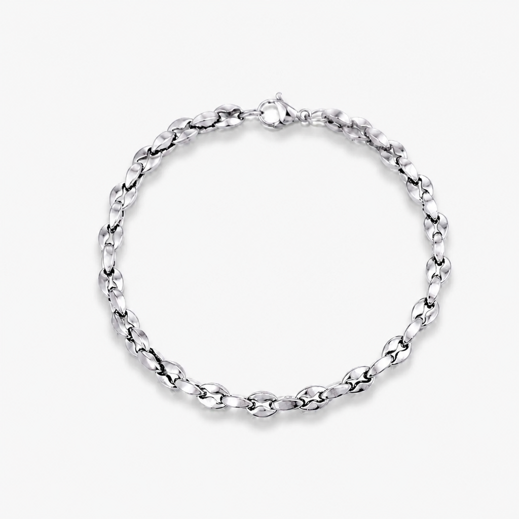men titanium steel coffee bean chain bracelet non tarnish waterproof silver-tone stainless steel link wristband modern minimalist everyday jewelry gift for men husband boyfriend