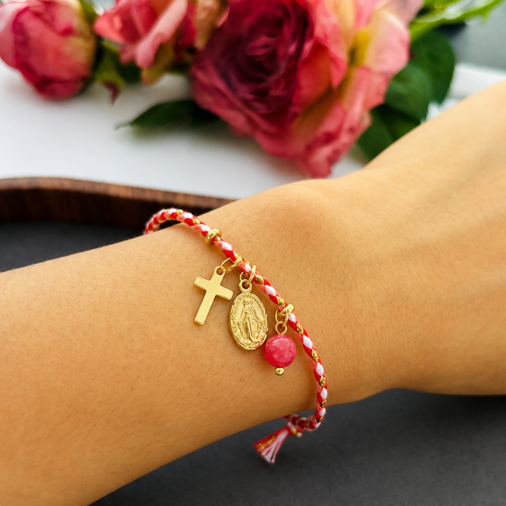 handmade woven cord bracelet for women men gold plated cross pendant oval virgin mary miraculous medal adjustable protection blessing braided cotton rope jewelry gift