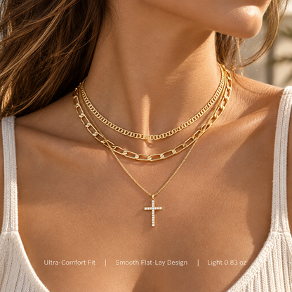 Layered Cross Necklace Set for Women, 3 Gold-Tone Electroplated Brass Chains with Sparkling Cross Pendant, Flat Link and Paperclip Styles, 15, 16 and 18 Inch Lengths with 2 Inch Extenders, Lobster Clasps, Everyday Jewelry for Blouses, Dresses and Swe