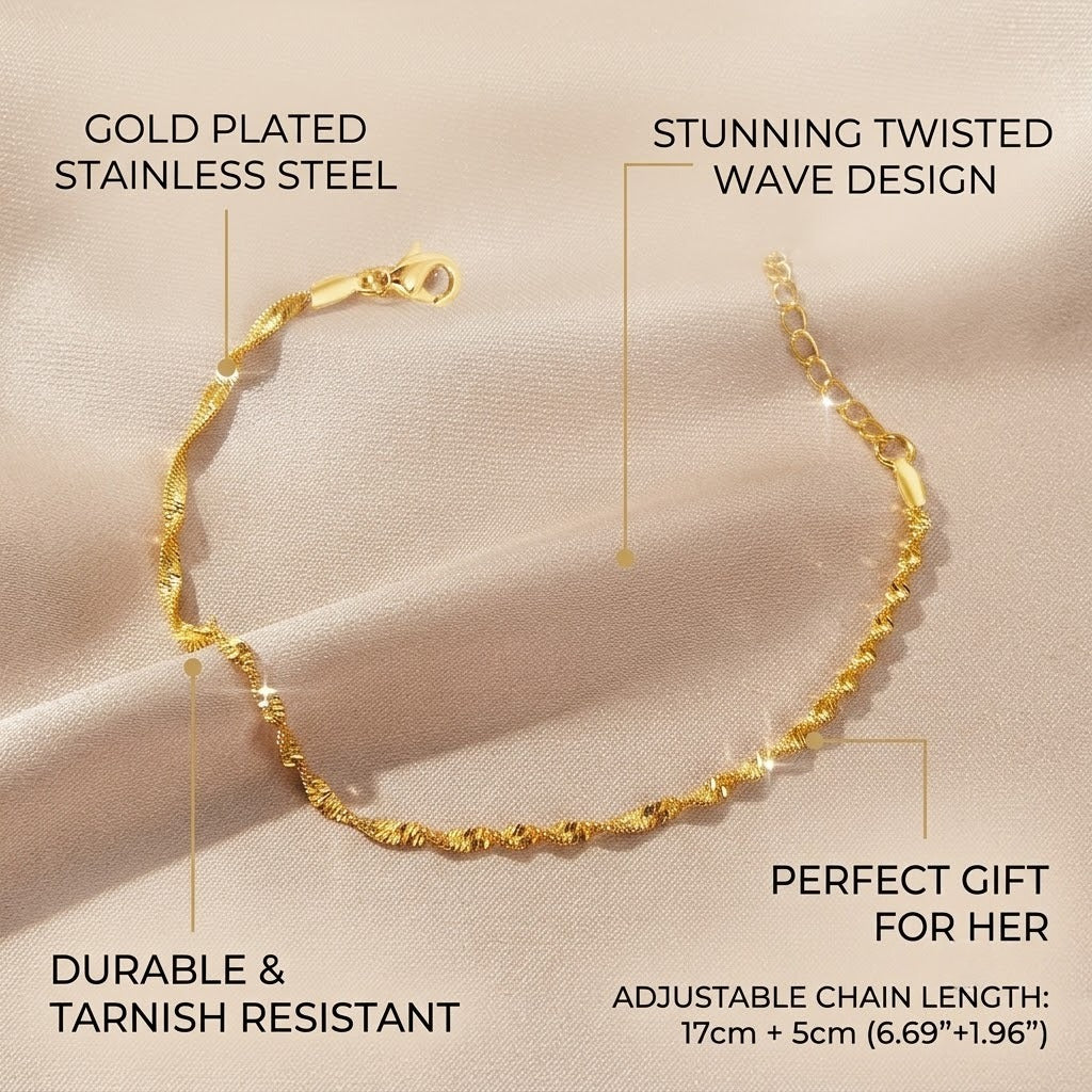 gold tone chain bracelet for women stainless steel twisted wave chain singapore water wave link bracelet dainty layering minimalist wristband adjustable extension extender chain costume jewelry birthday anniversary gift for her