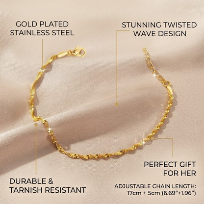 Gold tone Chain Bracelet for Women Stainless Steel Twisted Wave Chain Singapore Water Wave Link Bracelet Dainty Layering Minimalist Wristband Adjustable Extension Extender Chain Costume Jewelry Birthday Anniversary Gift for Her