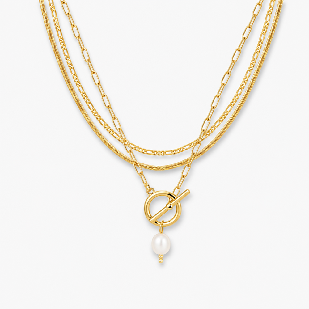 women's gold-tone brass necklace set with paperclip toggle, figaro and snake chains, 3 pieces