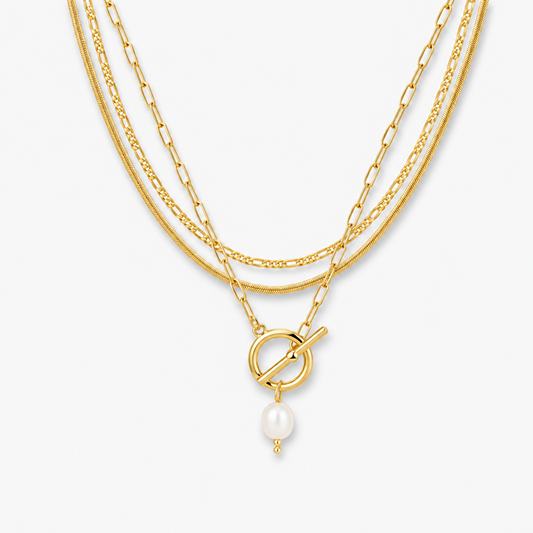 Women's Gold-Tone Brass Necklace Set with Paperclip Toggle, Figaro and Snake Chains, 3 Pieces
