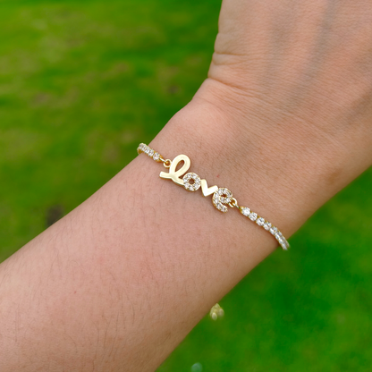 Sparkling Premium Cubic Zirconia LOVE Script Nameplate Bracelet Tarnish Resistant Base Skin Safe Hypoallergenic Adjustable Pull String Comfort Fit Evening Wear Gift