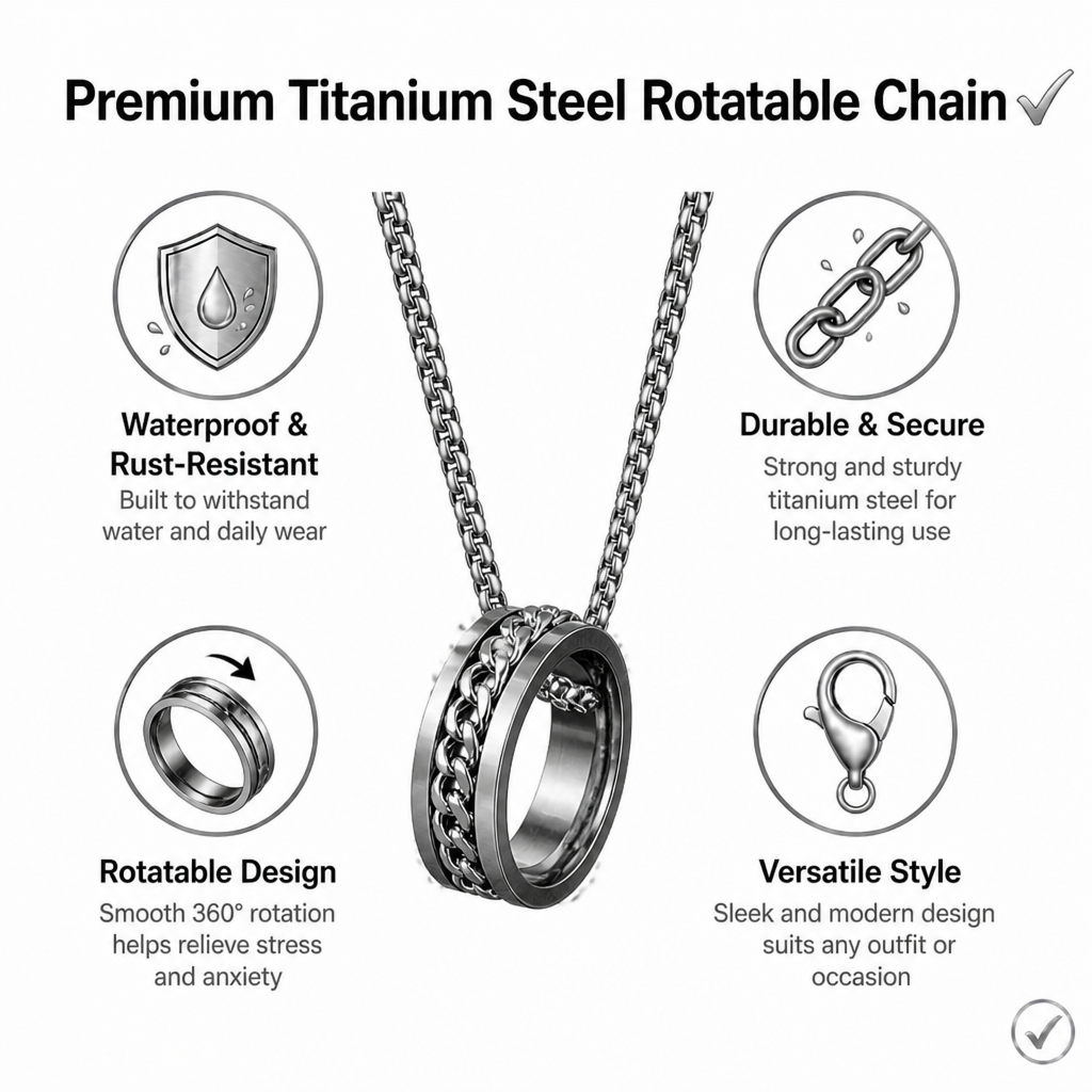 waterproof tarnish-free spinner ring necklace, premium titanium steel rotatable chain pendant, durable minimalist hip hop streetwear fidget anxiety relief jewelry gift