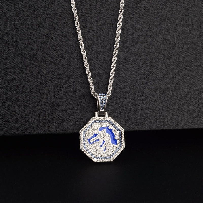 vibrant blue enamel horse head necklace sparkling micro pave cubic zirconia medallion high polish tarnish resistant hypoallergenic twist rope chain edgy street style pendant for men