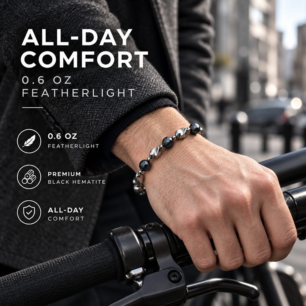 black hematite beaded bracelet for men and women, geometric faceted round beads with polished silver-tone twisted accents, lobster clasp and adjustable extension chain, modern minimalist style for everyday streetwear, watch stacking and casual outfit