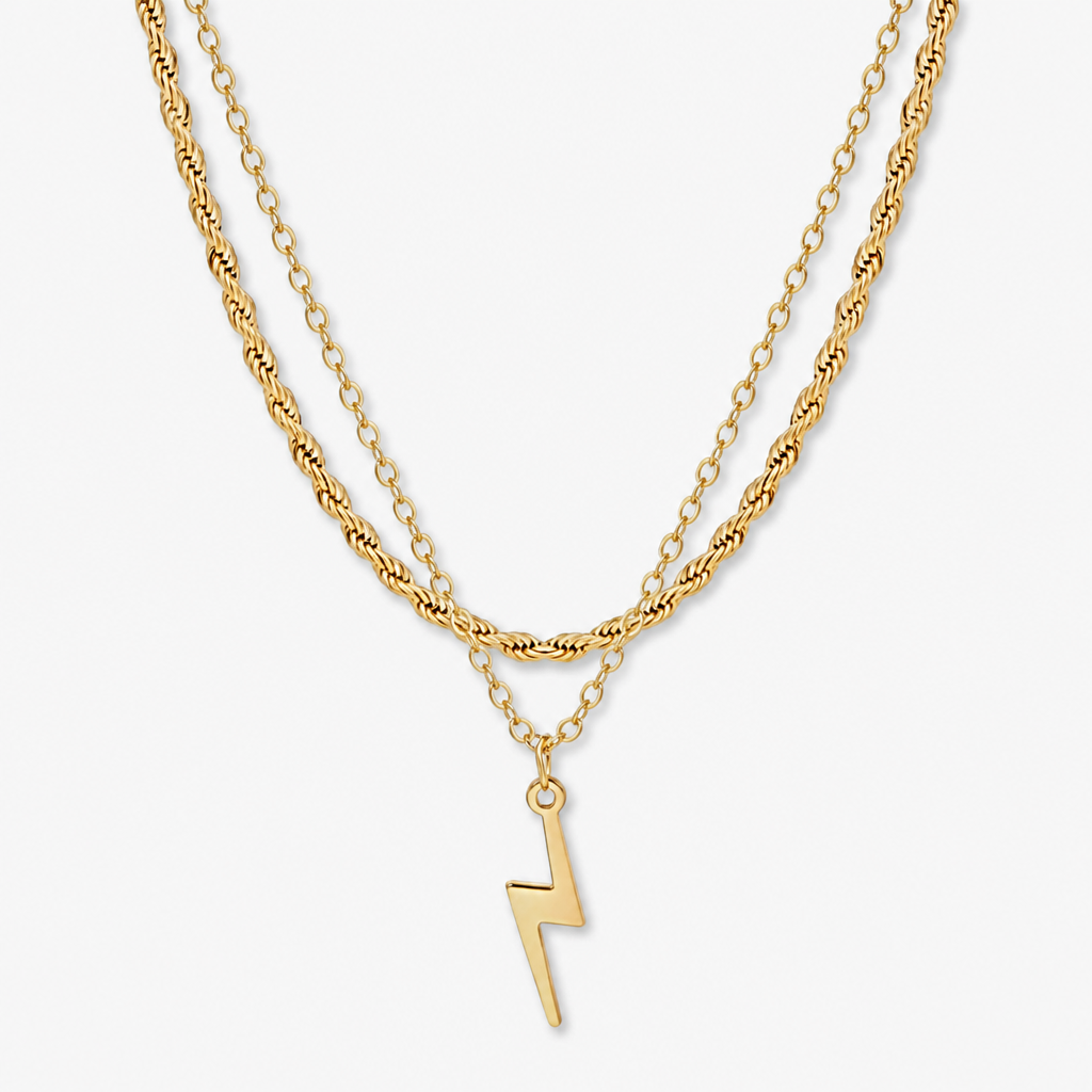 layered gold-tone lightning bolt pendant necklace for women chunky rope chain double layer dainty cable choker trendy y2k aesthetic jewelry gift for her everyday minimalist collar necklace