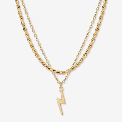 Layered Gold-Tone Lightning Bolt Pendant Necklace for Women Chunky Rope Chain Double Layer Dainty Cable Choker Trendy Y2K Aesthetic Jewelry Gift for Her Everyday Minimalist Collar Necklace