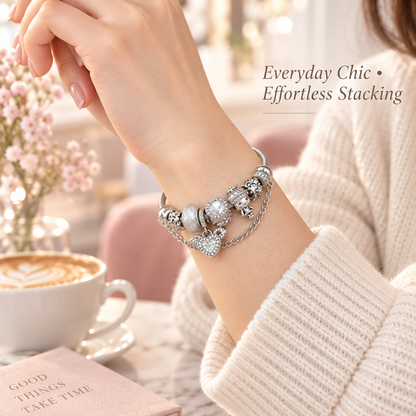 Silver-Tone Charm Bracelet with Winged Heart, Decorative Beads and Cable Texture