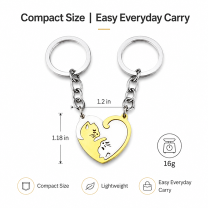2Pcs Matching Cat Keychain Set for Couples Best Friends Stainless Steel Black Silver Kitten Heart Puzzle Pendant Key Ring Relationship Friendship Anniversary Valentine Long Distance Gift
