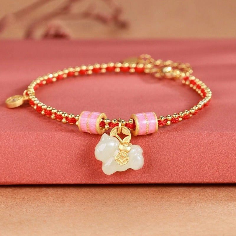 Chinese Zodiac Horse S925 Silver Jade Charm Red String  Bracelet - STAR8S