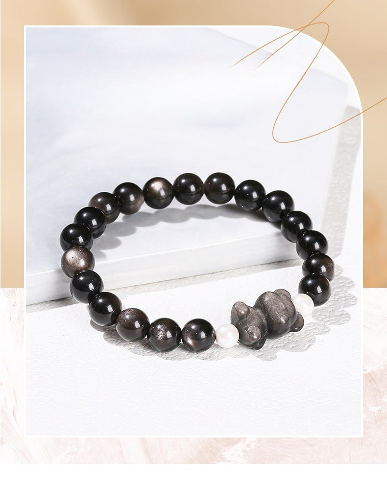 silver obsidian bear bracelet – minimalist black gemstone beaded bracelet for men & women - star8s