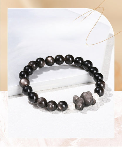 Silver Obsidian Bear Bracelet – Minimalist Black Gemstone Beaded Bracelet for Men & Women - STAR8S