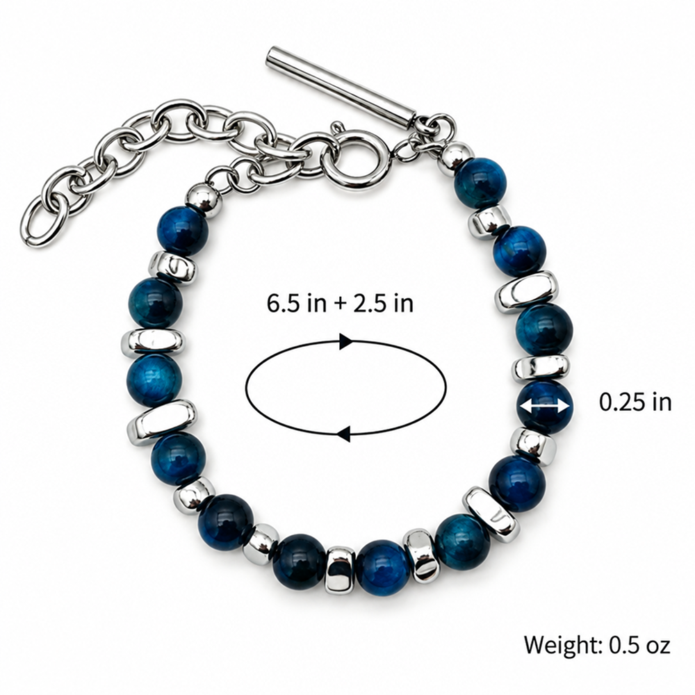 men's blue bead bracelet with silver-tone spacers and adjustable chain