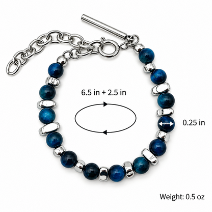 Men's Blue Bead Bracelet with Silver-Tone Spacers and Adjustable Chain