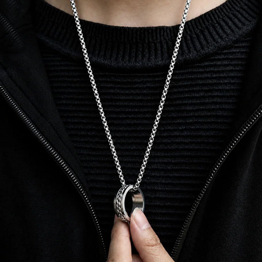 waterproof tarnish-free spinner ring necklace, premium titanium steel rotatable chain pendant, durable minimalist hip hop streetwear fidget anxiety relief jewelry gift
