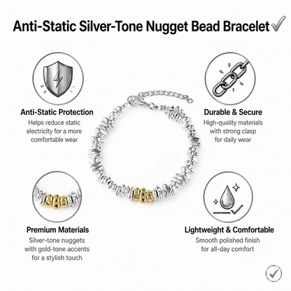 Anti Static Bracelet for Women Men Silver Tone Nugget Bead Bracelet Irregular Hematite Stone Shards Strand Stackable Cute Cheese Nugget Link Chain Winter Static Discharge Jewelry Light Luxury Minimalist Birthday Gift