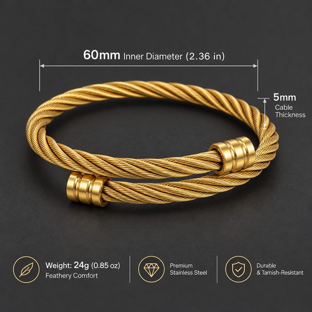 men's gold-tone stainless steel double-strand twisted cable open cuff bracelet