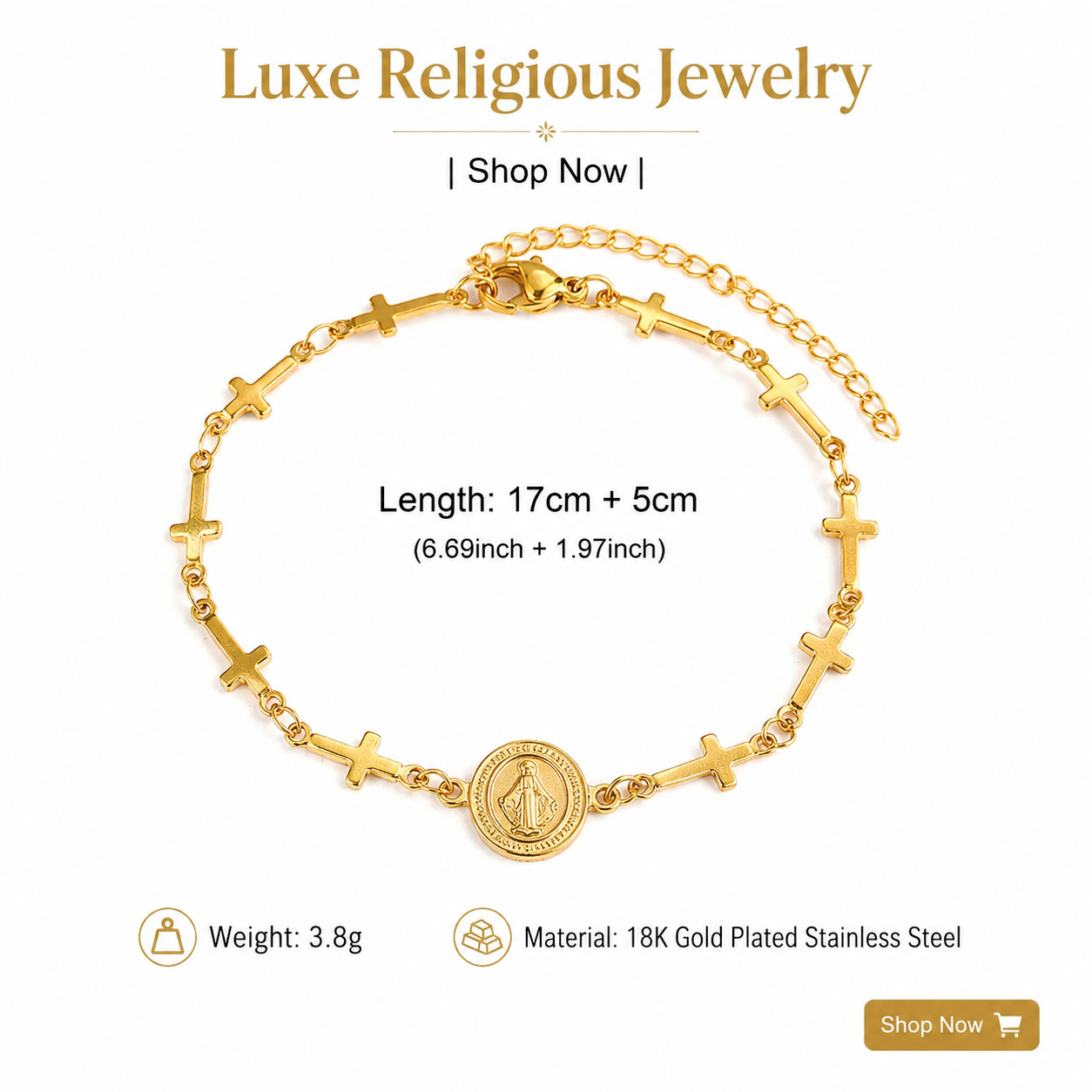 virgin mary cross bracelet for women stainless steel gold plated miraculous medal pendant religious catholic christian faith blessing charm bracelet adjustable stackable layering wristband gift jewelry