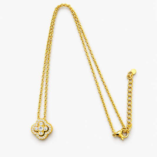 Convertible Four-Leaf Clover Brass Necklace for Women – Gold-Plated Lucky Crystal Pendant, Dainty Choker with Adjustable Link Chain, Valentine's Day Jewelry Gift for Her