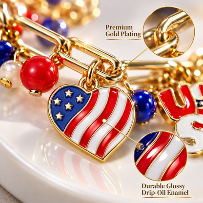 Gold-Tone USA Patriotic Charm Bracelet with Flag, Heart and Star Designs and Adjustable Extender