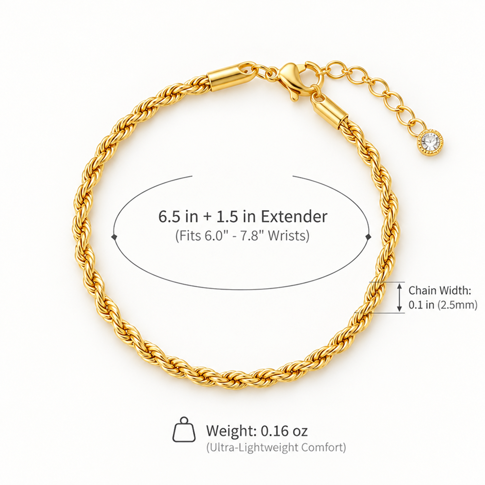 twisted rope chain bracelet for women, gold-tone electroplated brass, 6.5 inch chain with 1.5 inch extender and lobster clasp, slim 0.1 inch width, minimalist wrist jewelry for everyday outfits, layering, workwear, birthdays and anniversary gift givi