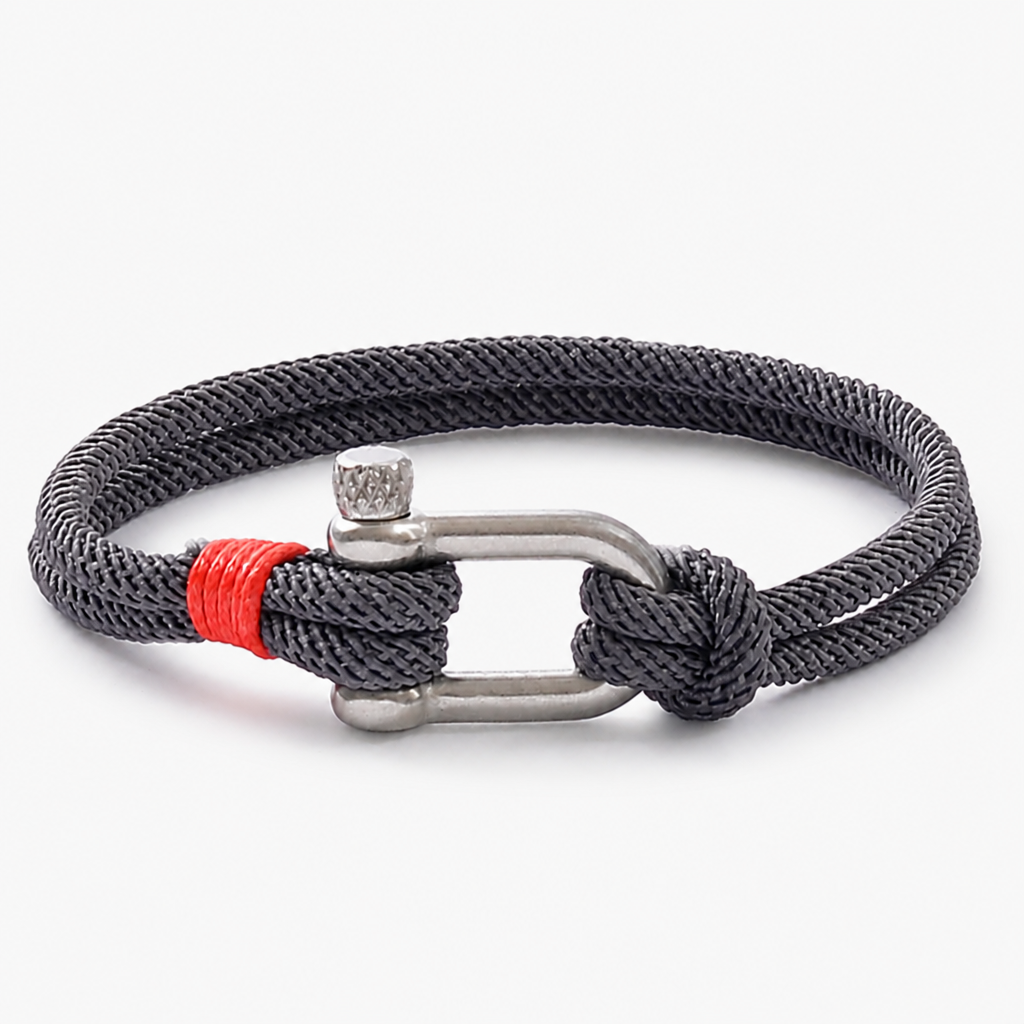 stainless steel shackle rope bracelet for men, u-shaped screw clasp, gray red unisex outdoor couple wristband