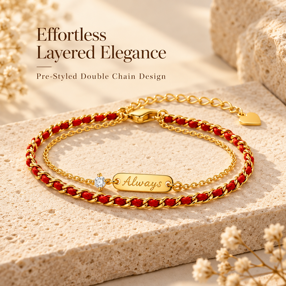 women's red cord and gold-tone double-layer bracelet with always message bar and adjustable extender