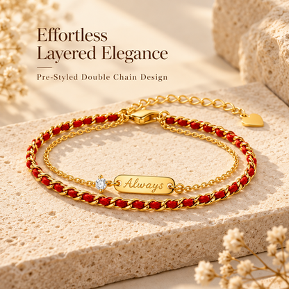 Women's Red Cord and Gold-Tone Double-Layer Bracelet with Always Message Bar and Adjustable Extender