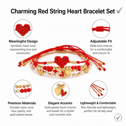 Boho Chic 4-Piece Red String & Gold-Tone Heart Bracelet Stack | Lightweight Adjustable Braided Cord Beaded Charm Bracelets Set Perfect for Daily Wear & Gifting