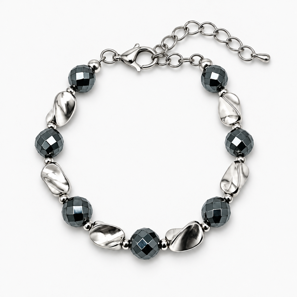 black hematite beaded bracelet for men and women, geometric faceted round beads with polished silver-tone twisted accents, lobster clasp and adjustable extension chain, modern minimalist style for everyday streetwear, watch stacking and casual outfit