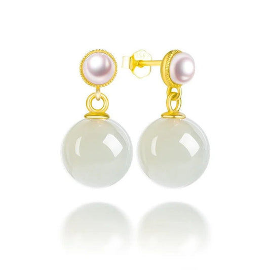 Hetian Jade & Pearl Stud Earrings | S925 Silver Inlay