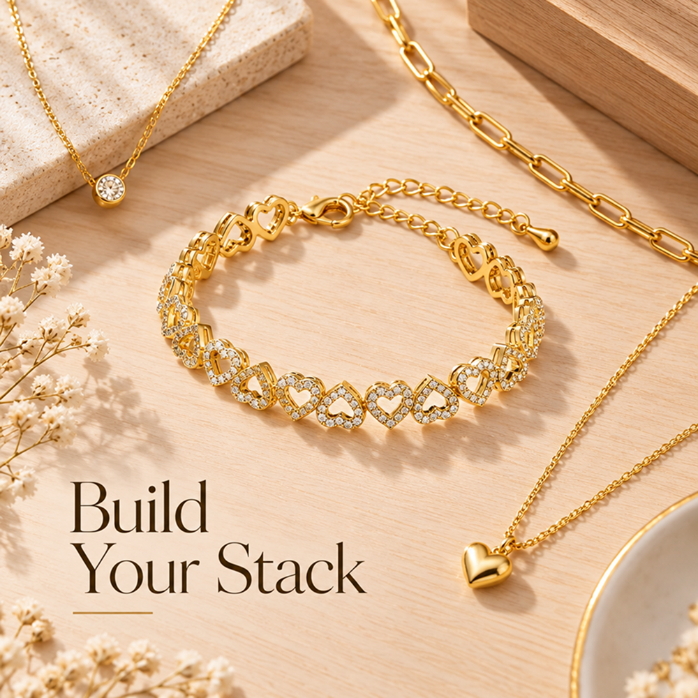 heart link bracelet for women, gold-tone brass with zircon stones, alternating open heart design, adjustable 6.69 inch length with 2 inch extender and lobster clasp, sparkling jewelry for daily wear, date nights, weddings, birthdays and anniversary g