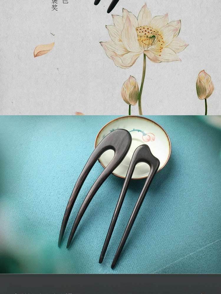 double prong u shaped ebony hairpin for vintage bun gift wife - star8s