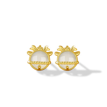 Dragon Pierced Ear Studs - Hetian Jade 925 Silver This Animal Year Earrings | STAR8S