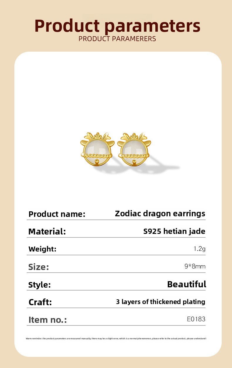 Dragon Pierced Ear Studs - Hetian Jade 925 Silver This Animal Year Earrings | STAR8S