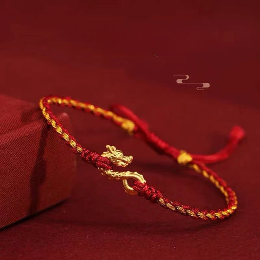 Dragon Year Red String Bracelet - Handmade Adjustable Zodiac Bracelet with Dragon Charm for Good Luck - Couples Hand Rope - STAR8S