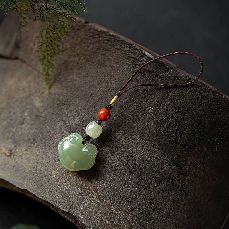 hetian jade peace lock keychain - natural white jade phone pendant, good luck charm, handcrafted jewelry