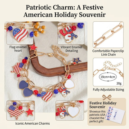 Patriotic USA Flag Charm Bracelet for Women Teen Girls 4th of July Jewelry Memorial Day Independence Day Gifts Red White and Blue Enamel Star Heart Olympic Sports Fan Link Chain Bracelet