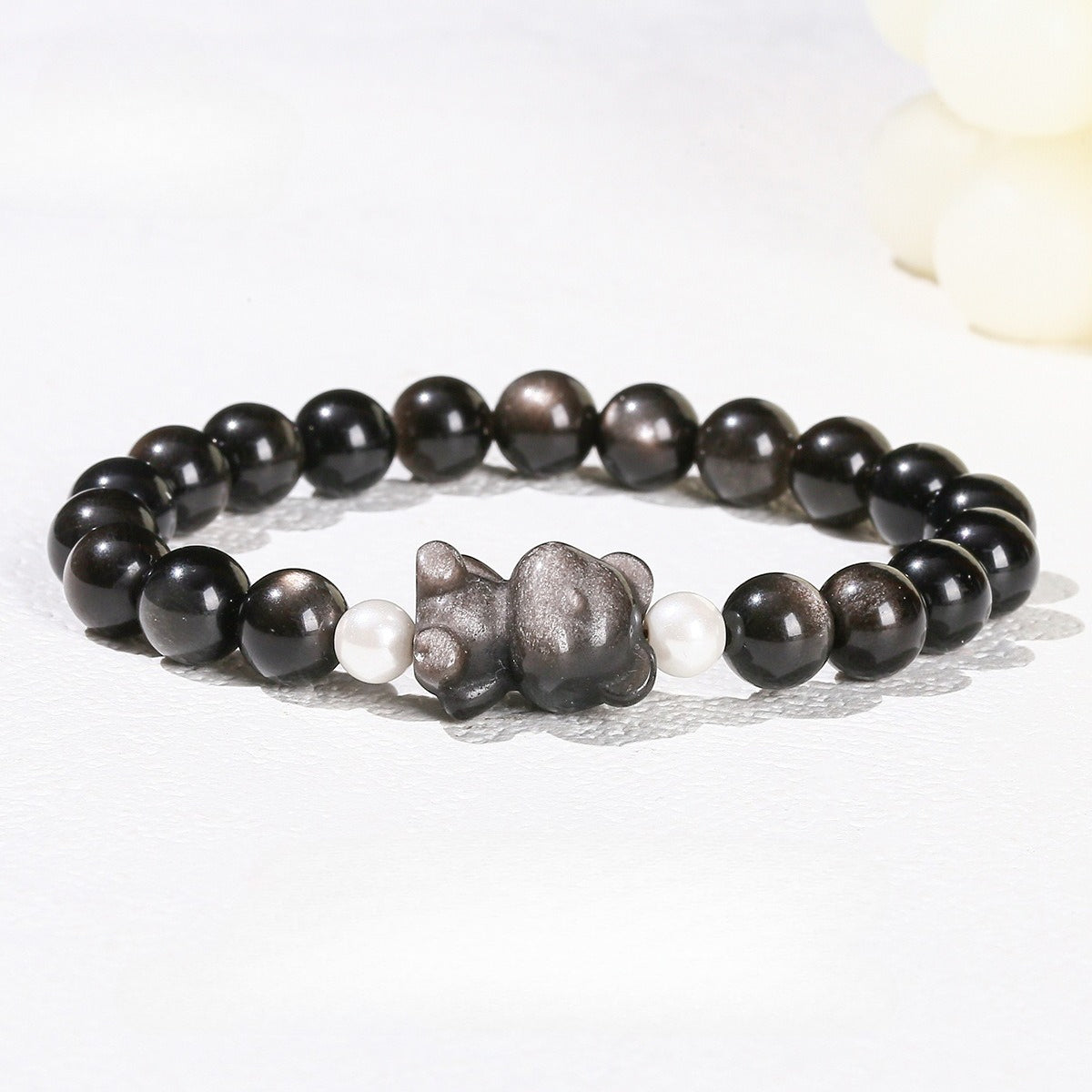 Silver Obsidian Bear Bracelet – Minimalist Black Gemstone Beaded Bracelet for Men & Women - STAR8S