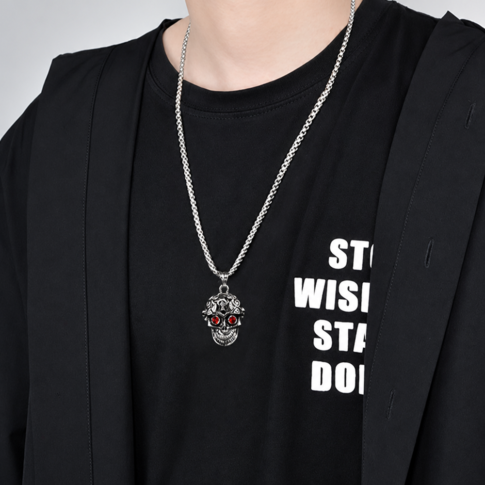 men's punk skull pendant necklace with red rhinestone eyes stainless steel box chain hip hop streetwear gothic biker skull jewelry heavy duty stainless steel pendant for men