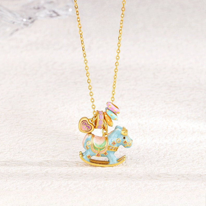 chinese zodiac horse silver necklace – s925 enamel macaron color rocking horse pendant - star8s