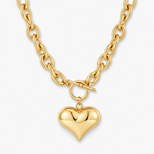 Women's Gold-Plated Brass Puffed Heart Pendant Necklace with Chunky Chain and Toggle Clasp