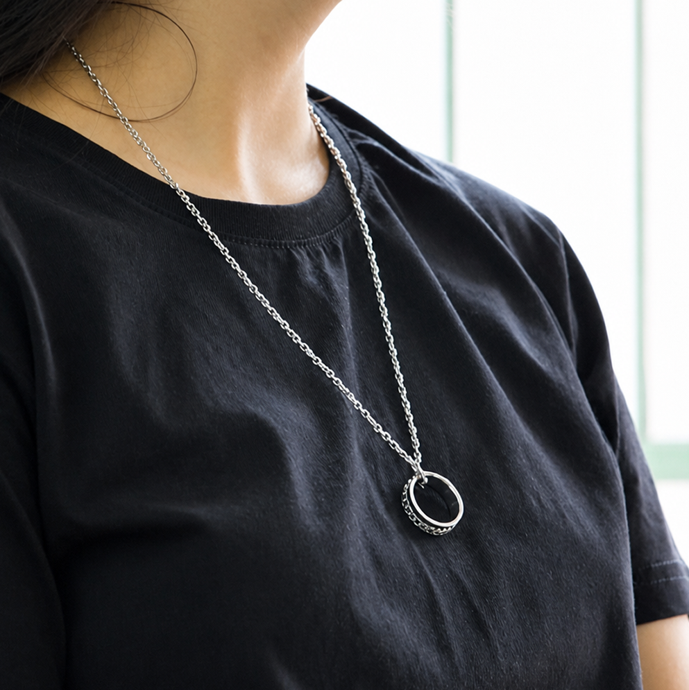 waterproof tarnish-free spinner ring necklace, premium titanium steel rotatable chain pendant, durable minimalist hip hop streetwear fidget anxiety relief jewelry gift