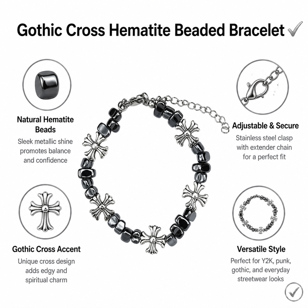 gothic cross beaded bracelet for men women natural black hematite stone irregular tumbled beads bracelet y2k hip hop punk rock wristband retro floral crosses jewelry gif