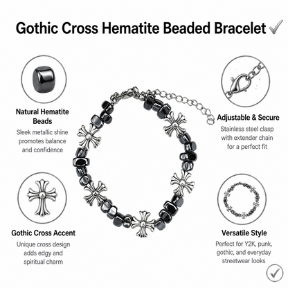 Gothic Cross Beaded Bracelet for Men Women Natural Black Hematite Stone Irregular Tumbled Beads Bracelet Y2K Hip Hop Punk Rock Wristband Retro Floral Crosses Jewelry Gif
