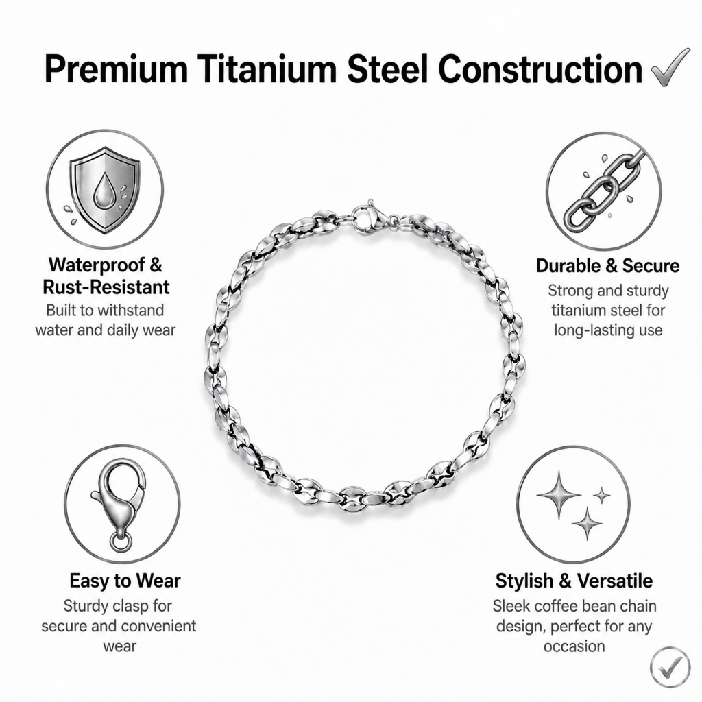 men titanium steel coffee bean chain bracelet non tarnish waterproof silver-tone stainless steel link wristband modern minimalist everyday jewelry gift for men husband boyfriend