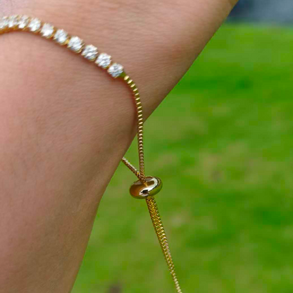 Sparkling Premium Cubic Zirconia LOVE Script Nameplate Bracelet Tarnish Resistant Base Skin Safe Hypoallergenic Adjustable Pull String Comfort Fit Evening Wear Gift